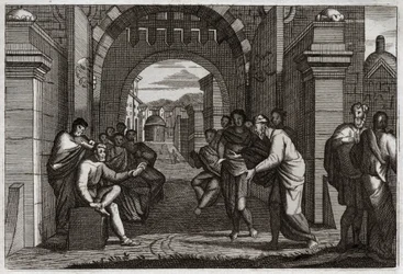 Bibeln från Royaumont, Gamla testamentet: Boas (Booz), nära släkting till Rut, hustru enligt lagens förordning. Illustration från 1811.