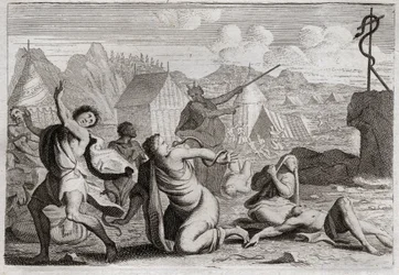 Bible of Royaumont, Gamla testamentet: Brasen Snake. Folket som muttrar mot Gud och mot Mose, straffas med eldormar; från vilken de sårades av en orm av koppar, som Mose hade uppväckt för att bli sedd från hela folket. Illustration
