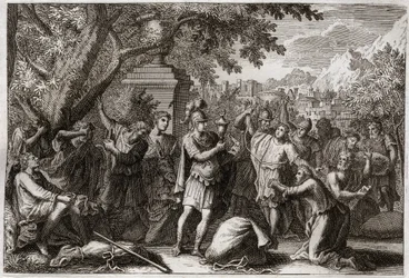 Bibeln från Royaumont, Gamla testamentet: Josephs bröder. Josef får sina bröder fängslade. Illustration från 1811.