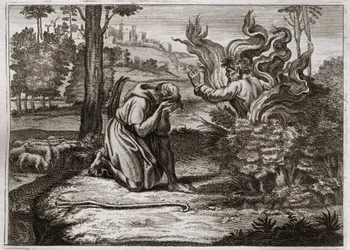 Bible of Royaumont, Gamla testamentet: Burning Bush. Gud talar till Mose mitt i en brinnande buske. Illustration från 1811.