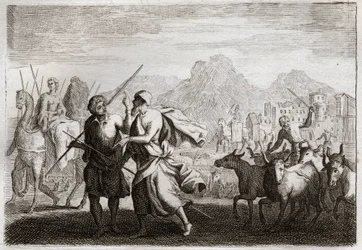 Bibeln från Royaumont, Gamla testamentet: Abrahams kallelse. Gud kallar Abraham och befaller honom att lämna kaldéernas land för att komma till ett land som han lovade att ge honom. Illustration från 1811.