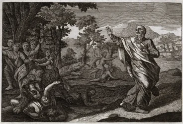 Bibeln från Royaumont, Gamla testamentet: Barn äter björnar. Barn som gör narr av Elishas skallighet slits av björnar. Illustration från 1811.