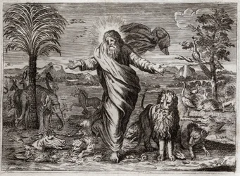 Bibeln från Royaumont, Gamla testamentet: Världens skapelse. Gud drar himlen och jorden från ingenstans och pryder den på sex dagar och människorna av alla slags varelser. Illustration från 1811.