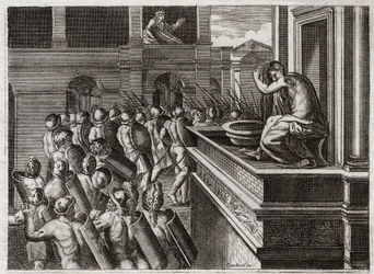 Bible of Royaumont, Gamla testamentet: Davids eller Betsabees brott i badet. David såg Betsabee på långt håll, hetiten Urias (eller hetiten Urias) hustru bada, och instämde i en dålig önskan om henne och dödade sedan hennes man Uria. Illustration från