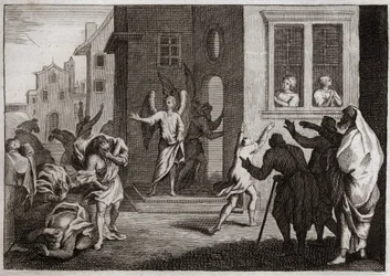 Bibeln från Royaumont, Gamla testamentet: Sodomiternas brott. Loth tar emot änglar i sitt hus. Sodomiterna (Sodom) vill utsätta dem för våld. Änglarna slår dem blint. Illustration från 1811.