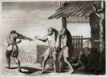 Bibeln från Royaumont, Gamla testamentet: Förbannad Cham av sin far (Noe fylleri). Cham, den andra av Noes barn, ser sin far i en oanständig hållning, bryr sig inte och är förbannad på honom. Illustration från 1811.