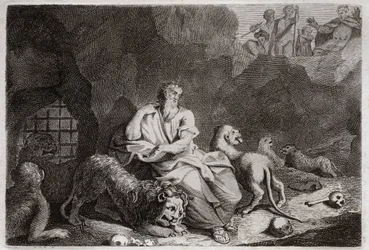 Bibeln från Royaumont, Gamla testamentet: Daniel i lejongraven. Daniel hamnar i Lions gropen och är mirakulöst berusad. Illustration från 1811.