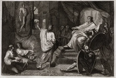 Bibeln från Royaumont, Gamla testamentet: Daniel profet. Profeten Daniel avslöjar för kung Nebukadnessar II en dröm han hade, och förklarar för honom vad han menade. Illustration från 1811.