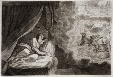 Bible of Royaumont, Gamla testamentet: Daniels vision av de fyra monarkierna assyrier, perser, greker och romare. De ser fyra monster: Haniel, Kafziel, Azriel, Aniel. Illustration från 1811.