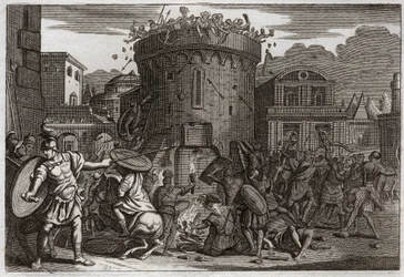 Bibeln från Royaumont, Gamla testamentet: Abimeleks död. Abimelek (Abimelec eller Ahimelek eller Ahimelek) dödas av en kvinna som slår ner honom med en sten vid belägringen av Tebetz. Illustration från 1811.