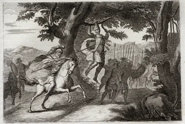 Bibeln från Royaumont, Gamla testamentet: Absaloms död. Absalom (eller Avshalom, Absalom) flyr från striden fångas av håret har en ek, eller Joab genomborrar honom hjärtat av tre darters. Illustration från 1811.