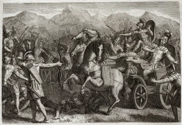 Bibeln från Royaumont, Gamla testamentet: Ahabs död. Ahab (Akhab) förde krig mot Syrien och dödades med en slumpmässig pil. Illustration från 1811.