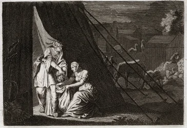 Bibeln från Royaumont, Gamla testamentet: Holofernes död. Judith skär Holofernes huvud, med hjälp av hembiträdet Abra, och drack Bethulie. Illustration från 1811.