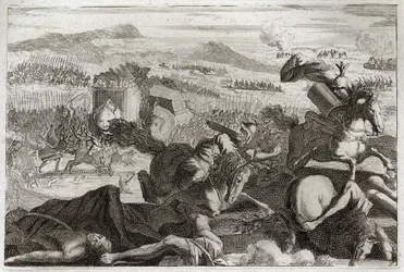 Bibeln från Royaumont, Gamla testamentet: Judas död. Demetrios I Soter och Nicanor besegrade. Judas Machabee (Maccabee, Macabee) död i strid. Illustration från 1811.