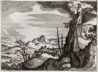 Bibeln från Royaumont, Gamla testamentet: Moses död. Gud visar Mose landet Kanaans land från toppen av berget Nebo, där han dör, utan att veta var hans kropp var. Illustration från 1811.