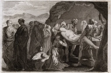 Bible of Royaumont, Gamla testamentet: Saras död. Sara (Sarah) dör. Abraham för att begrava honom köpte en grav från staden Get. Illustration från 1811.