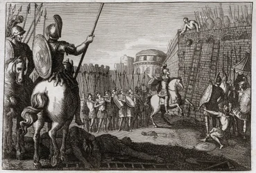 Bible of Royaumont, Gamla testamentet: Sebas död. Och Seba (Sheba) reste sig mot David och tog bort de tio stammarna efter honom, och Joab förföljde i Abela, eller hans huvud blev avhugget efter en kvinnas råd. Illustration från 1811.