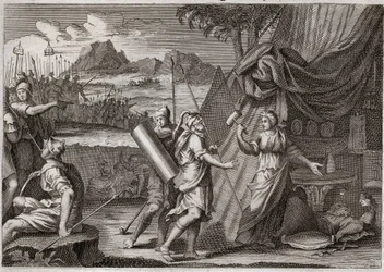 Royaumontbibeln, Gamla testamentet: Siseras död. Jael dödar ledaren för den kanaaneiska hären Sisra (Sisera eller Sisara). Illustration från 1811.