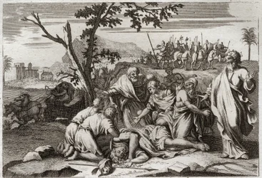 Bibeln från Royaumont, Gamla testamentet: Den onde Antiochos död. Den skrämmande döden av kung Antiochus IV Epifane (175-164 f.Kr.) efter ett hästfall. Illustration från 1811.