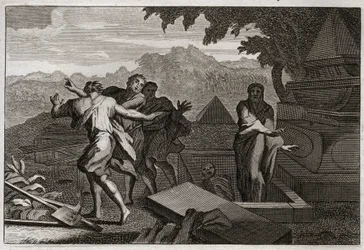 Bible of Royaumont, Gamla testamentet: Döden stiger. En död man släpptes av en slump vid Elisees grav, och han återuppstod genom att röra vid hans ben. Illustration från 1811.