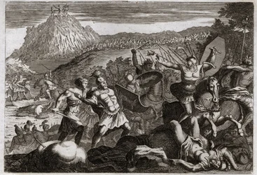 Bibeln från Royaumont, Gamla testamentet: Amaleks nederlag (Amalek). Mose vann seger över amalekiterna och höll sina händer högt i himlen. Illustration från 1811.