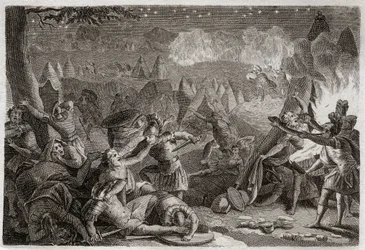 Bibeln från Royaumont, Gamla testamentet: Midjaniternas nederlag genom ljudet av trumpeterna och av lampornas ljus. Illustration från 1811.