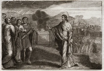 Bibeln från Royaumont, Gamla testamentet: Filistéernas nederlag. Samuel erbjuder en förintelse åt Gud. Sedan försvarar judarna filistéerna. Illustration från 1811.