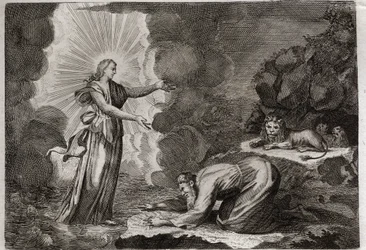 Bibeln från Royaumont, Gamla testamentet: Daniels befrielse. Daniel, i lejonhålan, är mirakulöst berusad. Illustration från 1811.