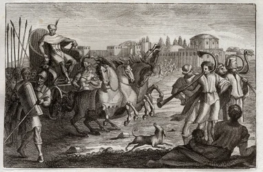 Bible of Royaumont, Gamla testamentet: Upphöjelse av Josef. Josef är uppvuxen i härlighet. Illustration från 1811.