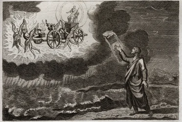 Royaumonts bibel, Gamla testamentet: profeten Hesekiel. Den helige profeten hade en vision där Herren visade sig för honom på en vagn buren av fyra keruber (tetramorf). Illustration från 1811.