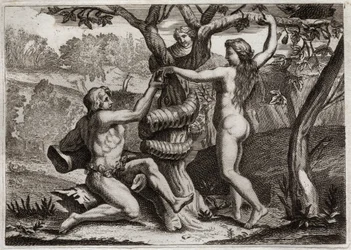 Bibeln från Royaumont, Gamla testamentet: Adams fall. Demonen under ansiktet på en orm talar till Eva, och tältet för att äta förbjuden frukt: Eva faller och får också Adam att falla. Illustration från 1811.