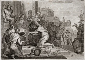 Bibeln från Royaumont, Gamla testamentet: Salomos fall. Salomo är korrumperad av kvinnor och ger rökelse åt de falska gudarnas avgudar. Hans död. Illustration från 1811.