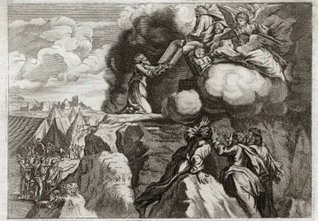 Bibeln från Royaumont, Gamla testamentet: Lagens första tabeller. Gud ger lagen till sitt folk på berget Sinai. Moses tar emot de 10 budorden från Guds händer. Illustration från 1811.