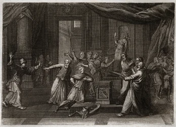 Bibeln från Royaumont, Gamla testamentet: Matathias generosite. Mathathias (Mattathias), makabéernas far (makkabeerna, makabeerna), dödar en jude som offrade till avgudar genom en helig zele av Guds lag. Illustration från 1811.