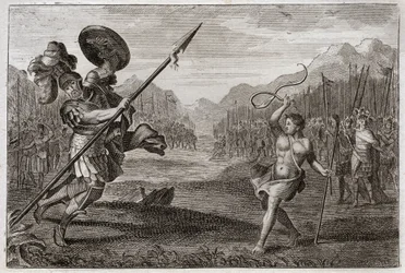 Royaumontbibeln, Gamla testamentet: Jätten Goliat. Goliat, en filisté av väldig storlek, besegras av David, beväpnad endast med en slunga och en stav. Illustration från 1811.