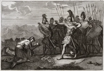 Bibeln från Royaumont, Gamla testamentet: Sauls huvud. Filistéerna njuter av Sauls död och erbjuder hans huvud till sin avgud. David ångrar döden och går till Judee, eller så blir han erkänd som kung i Hebron. Illustration från 1811.