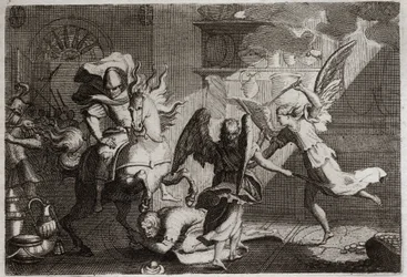 Bibeln från Royaumont, Gamla testamentet: Heliodor jagar templet. Heliodore (Heliodoros) skickad av sin härskare för att plundra Jerusalems tempel, misshandlades med meter av änglar. Illustration från 1811.