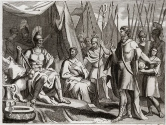 Bible of Royaumont, Gamla testamentet: Holoferne. General från Nebukadnessar II:s arm, Holoferne närmar sig Judeen. Ahior, ammoniternas kung, som kom för att ge tillbaka till honom, lyfter upp inför Holoferne judarnas guds makt. Illustration från 181