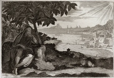 Bible of Royaumont, Gamla testamentet: Murgröna desseche. Gud visar genom ett känsligt exempel, för sin profet Jonas, hur mycket han älskar människor och hur mycket smärta han lider när han tvingas straffa dem. Illustration från 1811.