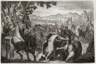 Bibeln från Royaumont, Gamla testamentet: Jakob åker till Egypten. Jakob ska hitta Josef med hela sin familj. Illustration från 1811.