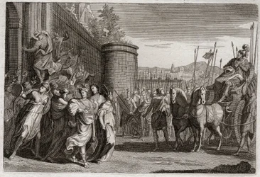 Bibeln från Royaumont, Gamla testamentet: Jephte offrar sin dotter. Jefte, en av Israels domare lovade att offra till Gud den första person som skulle komma till honom efter hans seger mot ammoniterna. Det var hans dotter. Illustration från 1811.