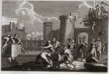 Bible of Royaumont, Gamla testamentet: Jerusalem rabatt. Kung Artaxerxes I skickade Nehemia till Jerusalem med tillstånd att göra uppror mot alla dess murar. Illustration från 1811.