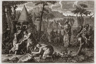 Bibeln från Royaumont, Gamla testamentet: Judar i öknen (eller mannaupproret). Gud låter manna falla från himlen i fyrtio år. Illustration från 1811.
