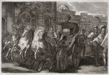 Bibeln från Royaumont, Gamla testamentet: Jezabel äter hundar. Jehu får Jezabel att kasta ut genom ett fönster och hon har ätit av hundar. Illustration från 1811.