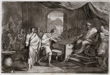 Bibeln från Royaumont, Gamla testamentet: Joachim skjuter järn. Evilmerodach (Evil Merodac, Evil Merodac), kung av Babylon, efter Nebukadnessar II:s död, behandlar Joakim (Joakim, Joachin, Jechoniah), en gång kung av Juda, och drar honom från järn för att 