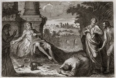 Bibeln från Royaumont, Gamla testamentet: Job på gödsel. Den helige mannen Job frestas av demonen som tar bort allt hans goda och alla hans barn, och slår honom med ett fruktansvärt sår och lämnar honom bara hans hustru att bära honom otåligt. Illustration