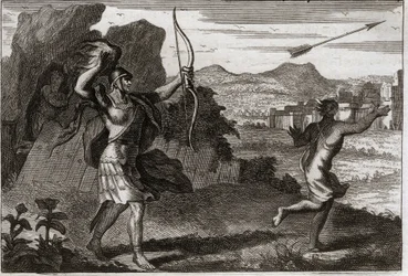 Bibeln från Royaumont, Gamla testamentet: Jonathan och David. Och när Jonatan såg sin fars bitterhet, varnade Saul honom att dra sig tillbaka. Illustration från 1811.