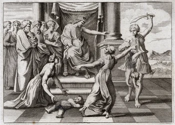Bibeln från Royaumont, Gamla testamentet: Salomos dom. Salomos berömda dom mellan två kvinnor, för att erkänna vilken av de två som var mor till ett barn, som båda påstod sig vara hon. Illustration från 1811.