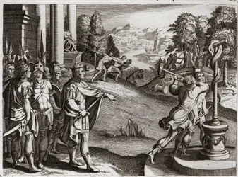 Bibeln från Royaumont, Gamla testamentet: Kung Hesekias. Hesekia, kung av Juda, tillämpar tillbedjan av Gud och orsakar de avgudar som hans folk tillbad innan de blev kung. Illustration från 1811.