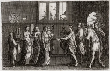 Bibeln från Royaumont, Gamla testamentet: Isaks bröllop. Isaac, Abrahams son, gifter sig med Rebecca. Illustration från 1811.